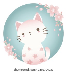 Cute White Cat And Cherry Blossoms. Cartoon Kitty And Cherry Blossom Frame. 