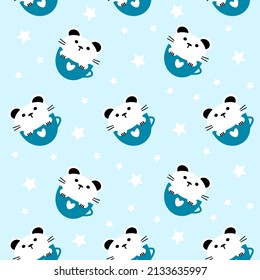cute white cat in coffee cup seamless background repeating pattern, wallpaper background, cute seamless pattern background
