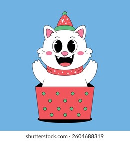 Cute white cat come from christmas gift box
