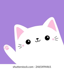 Cute white cat in the corner waving hand. Funny kitten face head. Cartoon kawaii baby character. Pet animal. Pink ears, paw print. Valentines day. Sticker print. Flat design. Violet background. Vector