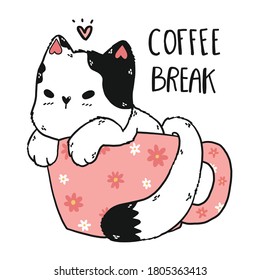 cute white cat in daisy pink cup of coffee,  coffee break,  adorable doodle kitty clip art, flat vector, idea for scrapbooking, printable, greeting card