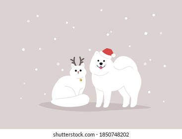 Cute white cat and dog wearing Christmas outfits, winter season, snowflakes in the background