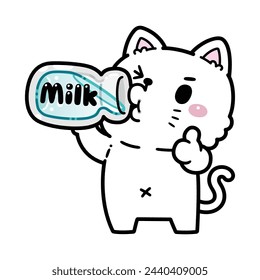 Cute White Cat Drink Milk Cartoon Vector Illustration. Flat Cartoon Style