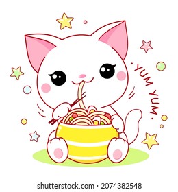 Cute white cat eat ramen noodles. Inscription Yum Yum. Kawaii little kitty are happy to eat noodles. Vector EPS8