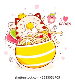 Cute white cat eat ramen noodles. Kawaii fat kitty are happy to eat noodles. Oriental traditional cuisine dishes. Can be used for t-shirt print, sticker, greeting card, menu design. Vector EPS8