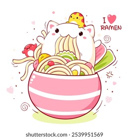 Cute white cat eat ramen noodles. Kawaii fat kitty are happy to eat noodles. Oriental traditional cuisine dishes. Can be used for t-shirt print, sticker, greeting card, menu design. Vector EPS8