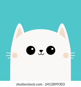 Cute white cat face head silhouette icon. Funny kitten. Cartoon kawaii baby character. Pink ears, cheeks. Pet animal collection. Happy Valentines day. Sticker print. Flat design Blue background Vector