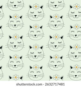 Cute White Cat faces with flowers on their heads seamless pattern. For fabric, pet accessories and textile 
