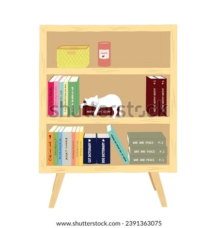 Cute white cat flat cartoon colored illustration vector isolated on white background. Kitten sleeping in the book cabinet. Collection of cats and furniture. Love your pet day.