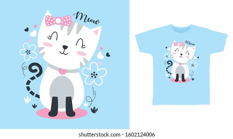 Cute white cat with flower design vector illustration ready for print on tee, poster and other uses.