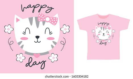 Cute white cat with flower on pink design vector illustration ready for print on tee, poster and other uses.