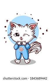 Un lindo gato blanco formando un dedo de amor sobre fondo azul