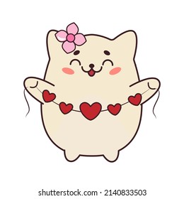 Cute white cat with a garland of hearts in the style of kawaii. A fat domestic cat. Vector illustration.