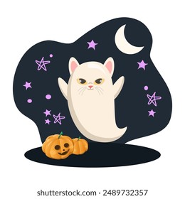 Cute white cat ghost floating with pumpkins in halloween night