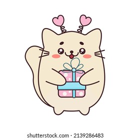 Cute white cat with a gift in a kawaii style. Vector illustration.