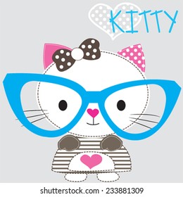 cute white cat with glasses gray background vector illustration