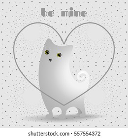 Cute white cat in gray, linear heart. Dotted pattern background.