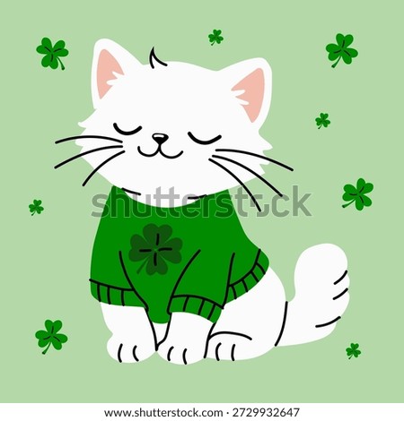 Cute White Cat in Green Sweater with Shamrocks