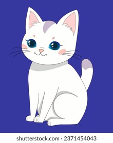 cute White cat with grey spots and big blue eyes sits. Isolated icon, cartoon cat on blue background