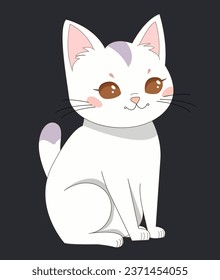 cute White cat with grey spots and big brown eyes sits. Isolated icon, cartoon cat on black background