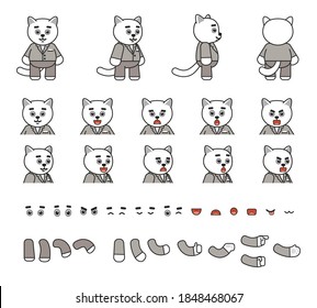 Cute white cat in grey suit creation kit. Create your own action, animation. Vector illustration bundle