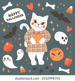 Gato branco bonito com elementos de Halloween - fantasmas, crânio, ossos, morcegos. Cartão comemorativo de outono. Ilustração vetor de Halloween do gatinho com abóbora. Feliz Dia das Bruxas