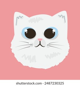 Cute white cat head face icon flat