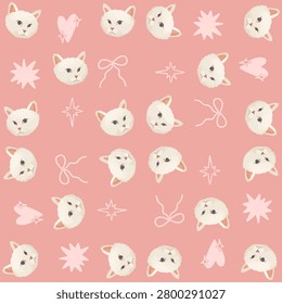Cute white cat head with pink nose and whiskers, decorated with ribbon, hearts, and stars on a soft pink background. Adorable cartoon vector illustration perfect for kids, nursery designs, stickers, greeting cards, and feminine decorative projects.