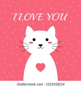 Cute white cat with heart on pink background. I love you. Vector