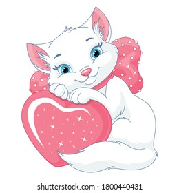 Cute white cat with heart. Valentine's Day vector illustration