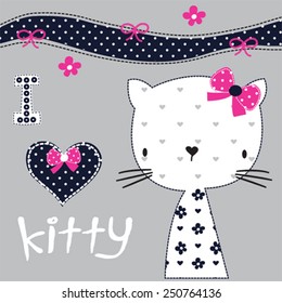cute white cat with heart vector illustration
