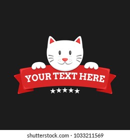 Cute white cat hold red banner text logo badge emblem template