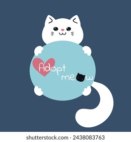 Lindo gato blanco sosteniendo banner Adopta maullar. Adopta un concepto de mascota. Ilustración de vector