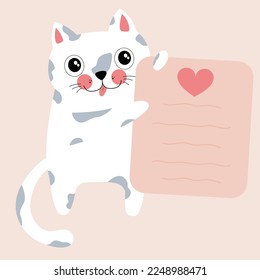 cute white cat holding a love letter for Valentine's Day. Vector illustration of a cat. Valentine's day, love letter, postcard, love, romance