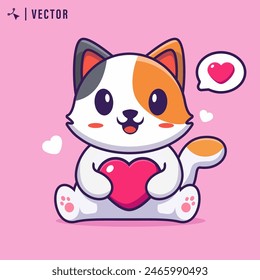 Cute white cat is holding red heart vector illustration. Valentine's day concept