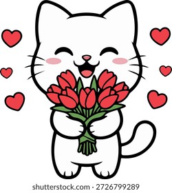 Gato blanco lindo que sostiene las flores rojas del tulipán con los corazones – Ilustración vectorial de San Valentín de Kawaii