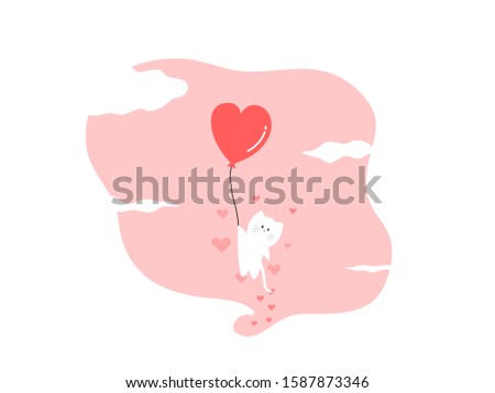 cute white cat is holding red heart balloon ,Valentine's day concept