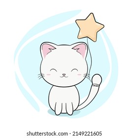 Cute white cat holding star shaped balloon. Cartoon vector art illustration.