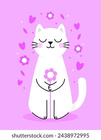 Cute white cat holds a flower, and there are flowers around him, purple color