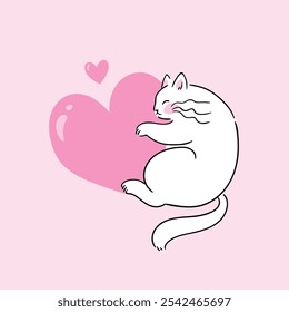 Lindo gato blanco abraza el corazón. Ilustración vectorial para el día de San Valentín, invitación de boda o tarjeta de felicitación de cumpleaños. Diseño de tarjeta de San Valentín de gato rosa preppy en estilo dibujado a mano. 