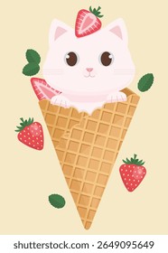 A Cute White Cat in Ice Cream Cone with Summer Vibes