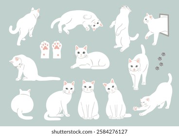 Cute white cat illustration set.Vector illustration