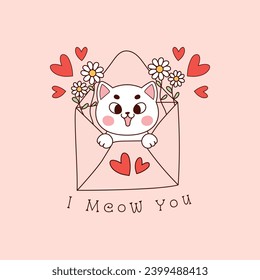 cute white cat inside an envelope or love letter with daisy flowers and hearts 