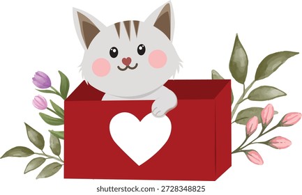 Gato blanco lindo dentro de la caja de regalo roja con el corazón blanco y el fondo floral de primavera