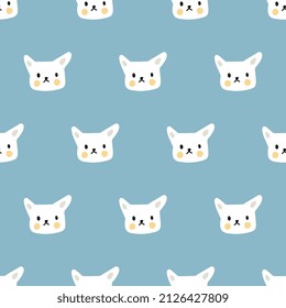 süße weiße Katze, kawaii-Kätzchen auf blauem, nahtlosem Musterhintergrund, Stoffdesign und Textiloberfläche, Verpackungsmotiv, GeschenkTitelstruktur, handgezeichnet Tapete, minimaler Vektorgrafik