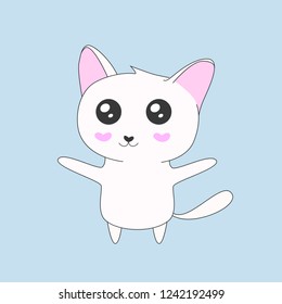 Cute white cat or kitten with big eyes. Vector kawaii cartoon illustration.