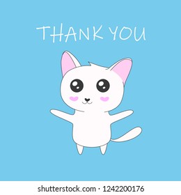 Cute white cat or kitten with big eyes. Thank you greeting card. Vector cartoon illustration.