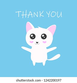 Cute White Cat Or Kitten With Big Eyes. Thank You Greeting Card. Vector Cartoon Illustration.