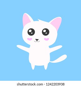 Cute white cat or kitten with big eyes. Kawaii vector illustration.
