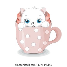 süße weiße Katze, Kätzchen in Tasse. Bild in Hand Zeichnen Cartoon Stil, für T-Shirt Kleidung Mode-Print-Design, Grußkarte, Postkarte. Partyeinladung.